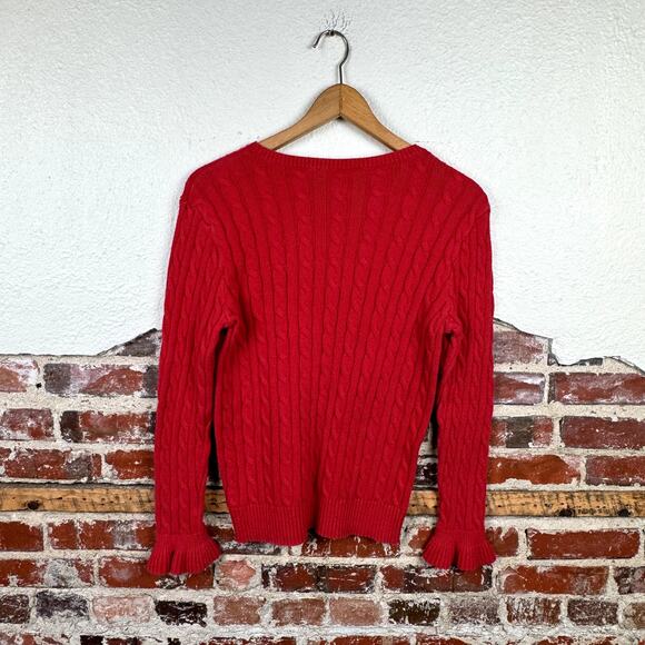 Lauren Ralph Lauren Sweater Size Large Red Cable Knit Crewneck Ruffle Sleeve - Picture 5 of 5